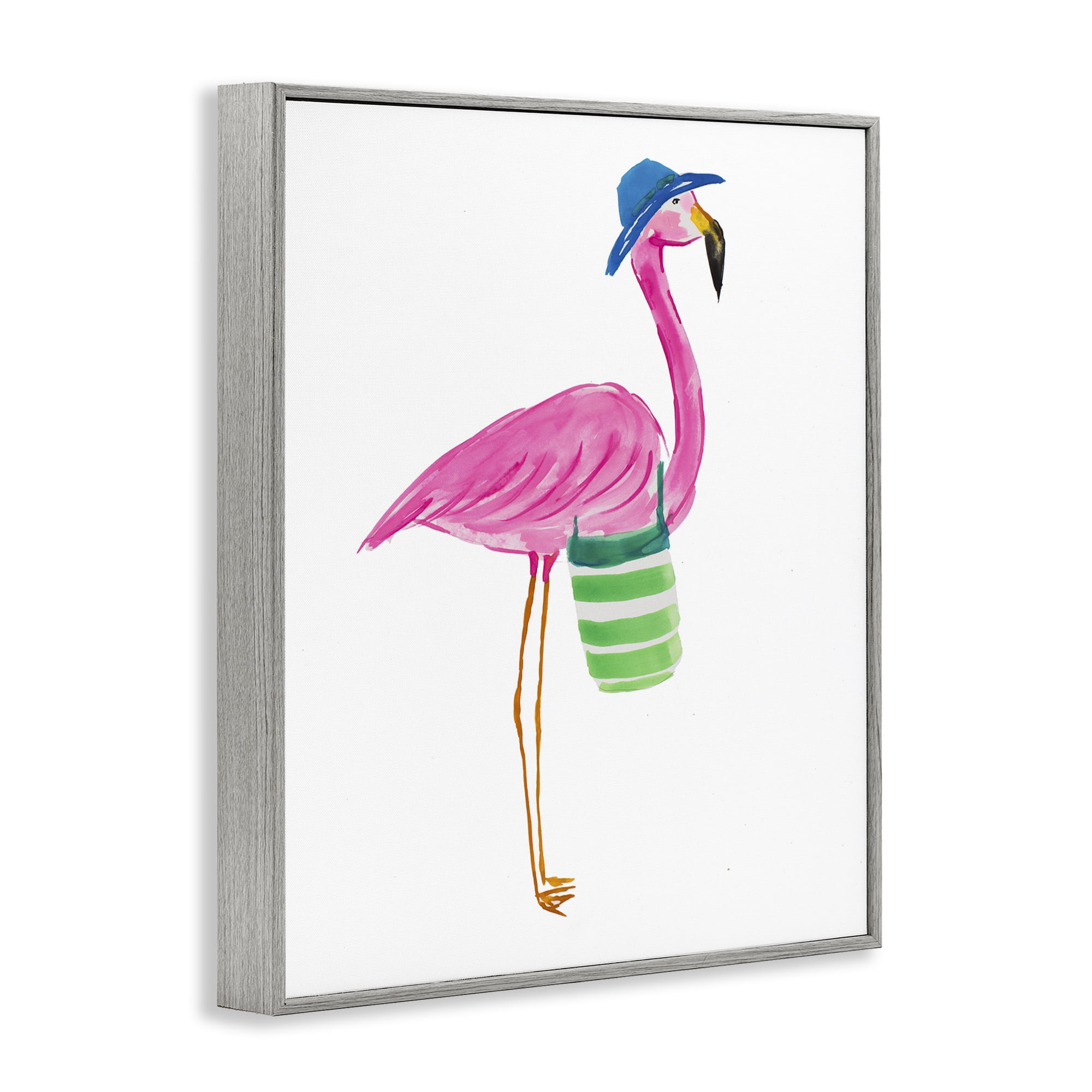 Stupell Industries Flamingo with Beach Bag Animals & Insects Painting Gray Framed Art Print Wall Art, 16 x 20
