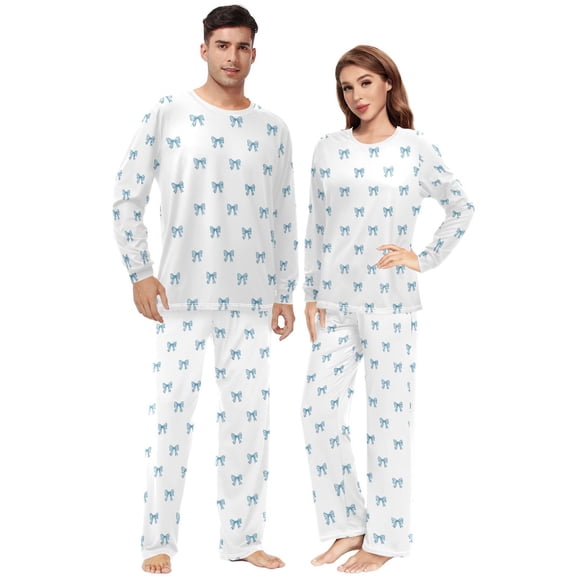 Matching Pajamas for Couples Light Blue Bow His and Hers Pajamas Sets Soft Long Sleeve Sleepwea
