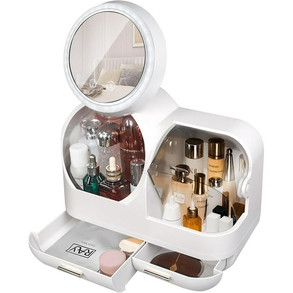 Large Makeup Organizer with Led Light and Mirror - 15" L×8.5"W×12"H Cosmetic Display Case with Fan, Desktop Makeup Box with Drawers, Skincare Storage Box for Vanity Countertop Bathroom, White