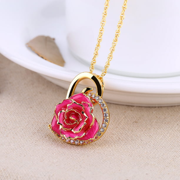 ZJchao - 24K Gold Plated Dipped Real Rose Pendant Rhinestone Heart ...