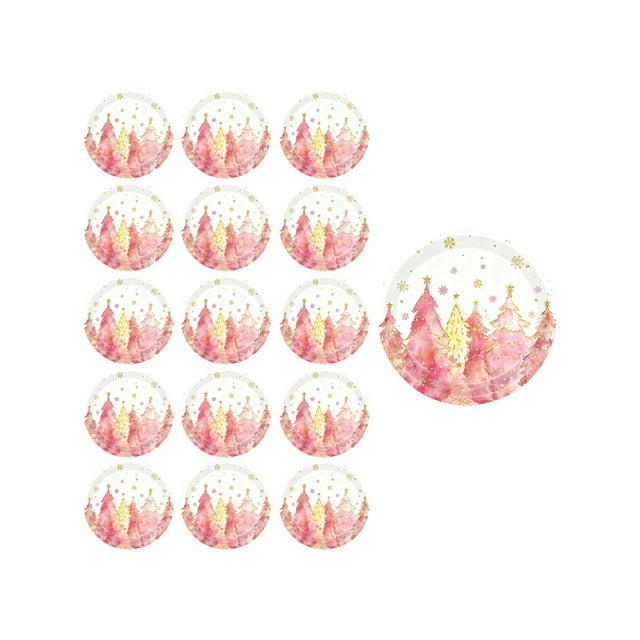 EGNMCR Pinks Christmas Tree Snowflake Theme Party Tableware Disposable 7-in And 9-in Paper Plates Paper Cups And Tissue Set Party-Themed Paper Plates Set Paper Disposable Tableware Set