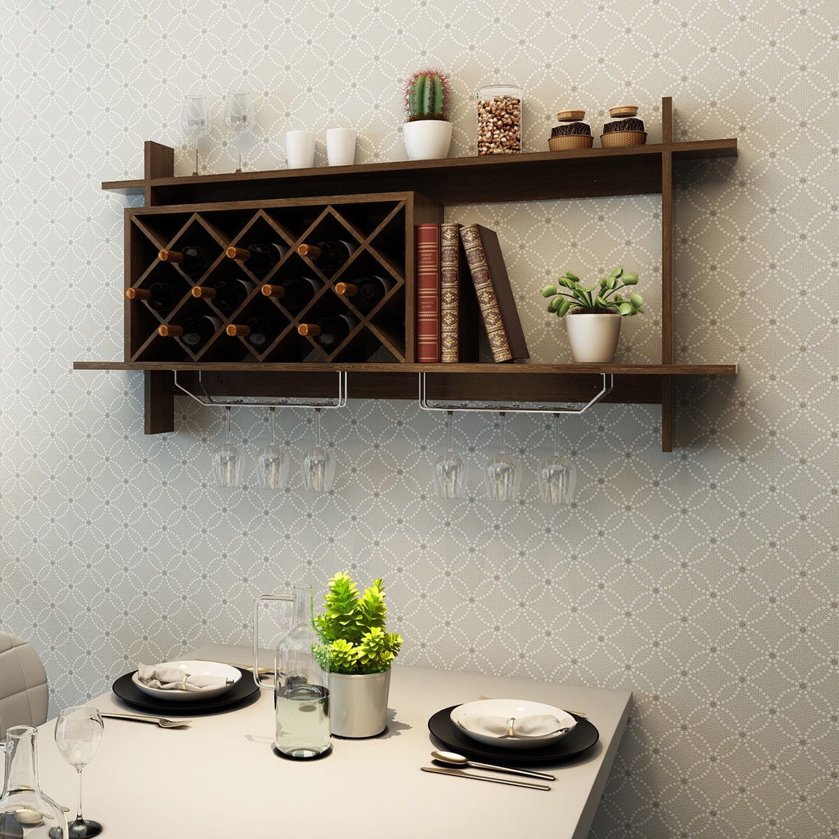 Gymax Wall Mount Wine Rack Organizer With Glass Holder & Storage Shelf Home Decor