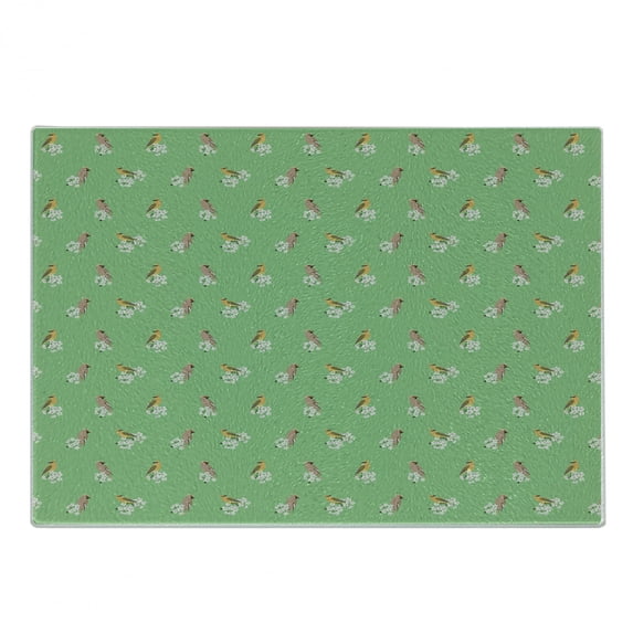 Bird Print Cutting Board, Avian Themed Pattern with Apple Blossoming Spring Love, Decorative Tempered Glass Cutting and Serving Board, in 3 Sizes, by Ambesonne