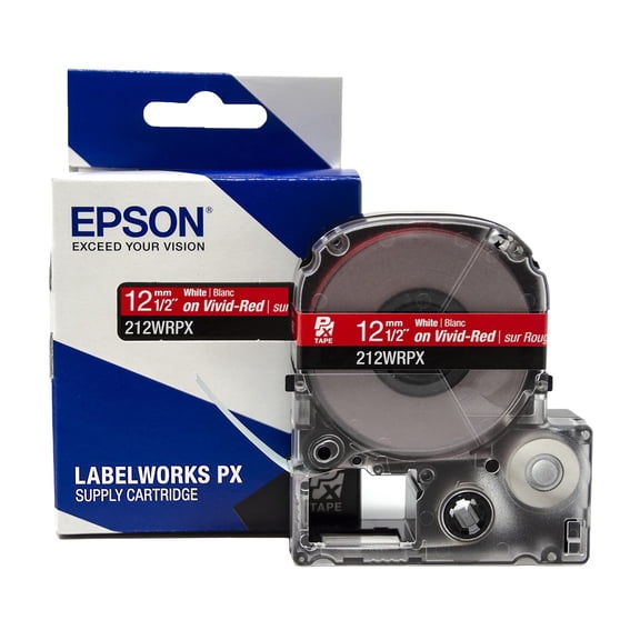 Epson LABELWORKS 212WRPX - White on Red PET Label Maker Tape - 1/2" (12MM) Wide, 30'