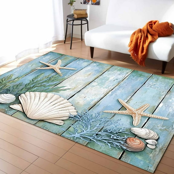 Area Rugs 4x6 Ft Starfish Starfish Shell Marine Life Blue Wood Grain Non-Slip Washable Rug Indoor Rug Floor Mats Non Shedding Carpet for Living Room Bedroom Dining Room Home Decor