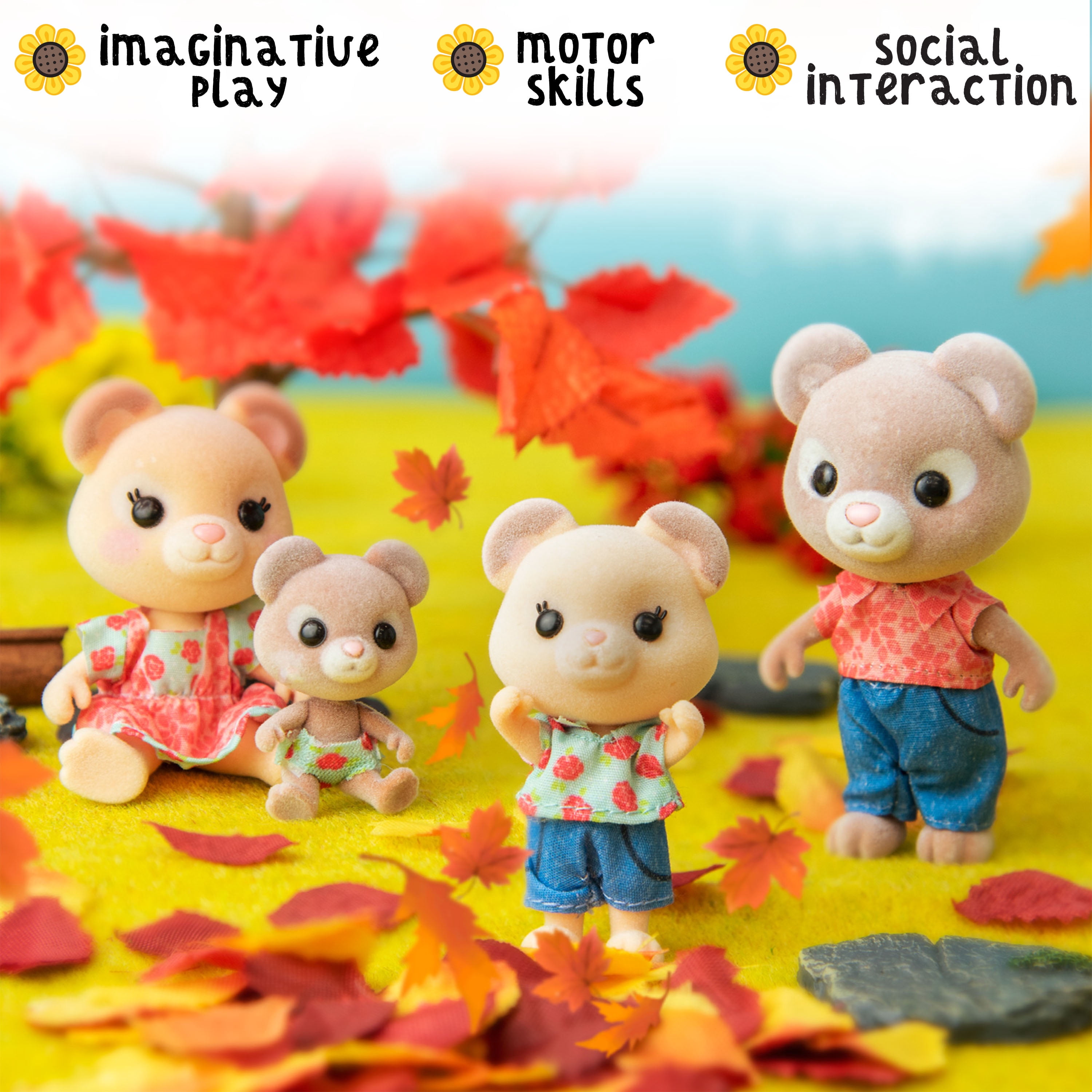 Honey Bee Acres Bear Family, 4 Miniature Flocked Posable Dolls