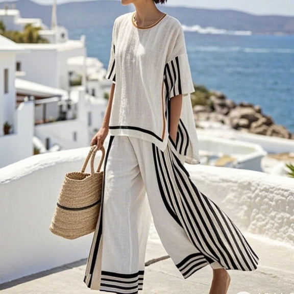 LEKWK Linen Sets for Women 2 Piece Casual Striped Crewneck Short Sleeve Tops and Wide Leg Palazzo Pants Summer Fashion Beach Vacation Resort Wear