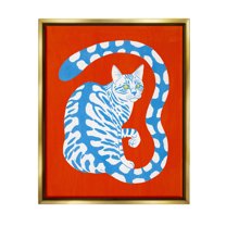 Stupell Industries Bold Blue Striped Curved Cat Tail Graphic Art Metallic Gold Floating Framed Canvas Print Wall Art, Design by Grace Popp