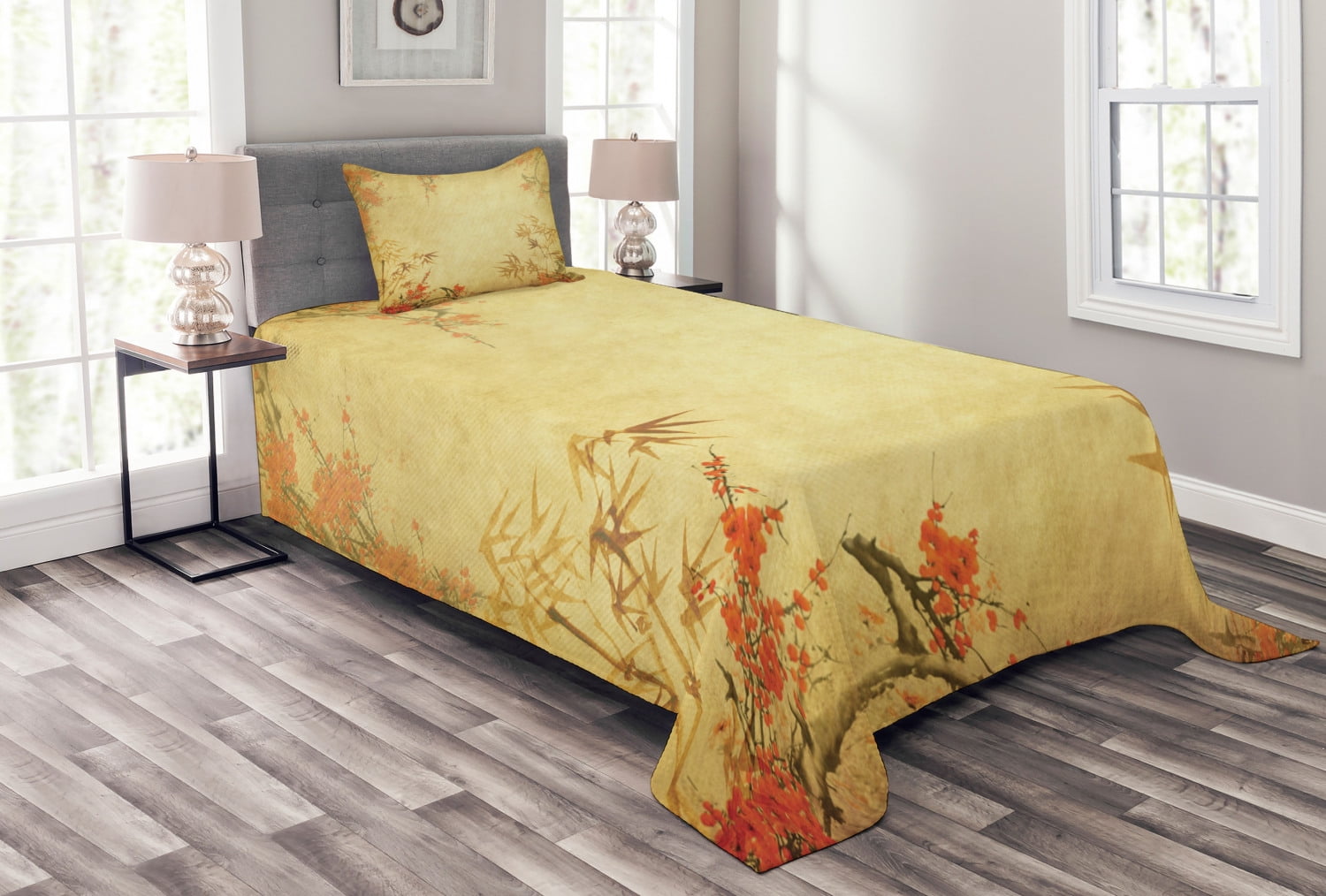Bamboo Bedspread Set, Bamboo Stems and Blooming Flower Antique Grunge