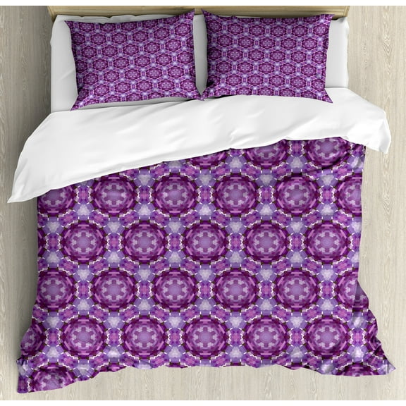 Mauve Duvet Cover Set, Fractal Prehistoric Mosaic Style Inspired Abstract Trippy Unusual Shapes, Decorative 3 Piece Bedding Set with 2 Pillow Shams, Queen Size, Dark Purple and Violet, by Ambesonne