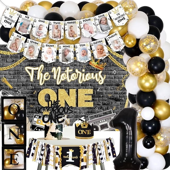 Notorious One Birthday Decorations, Notorious One Birthday Balloon Arch with Backdrop One Boxes for 1st Month Photo Highchair Banner Cake Topper Hat Number 1 Balloon for Boy