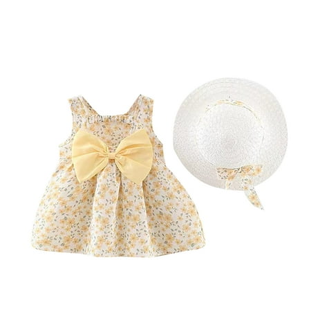 

TAIAOJING Toddler Baby Girls Dress Outfits Suspender Ruffled Dress Bow Design Dress Summer Princess Dress Hats Cute Sundress 12-18 Months