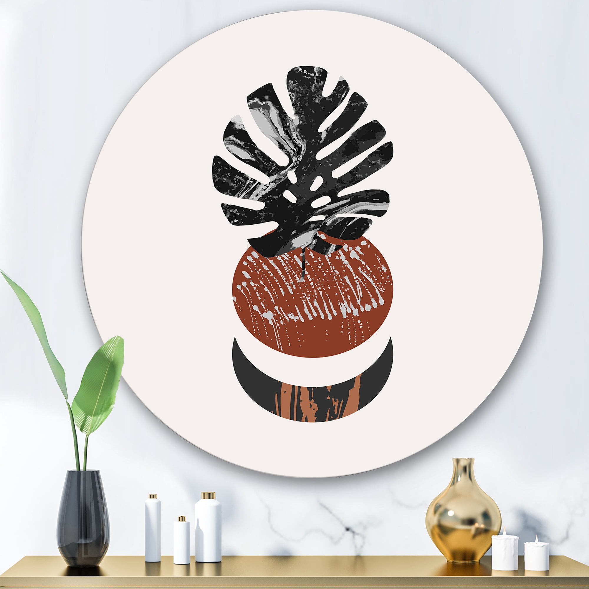 Designart 'Abstact Tropical Palm Leaf, Minimal Sun And Moon II' Modern Circle Metal Wall Art 29x29 - Disc of 29