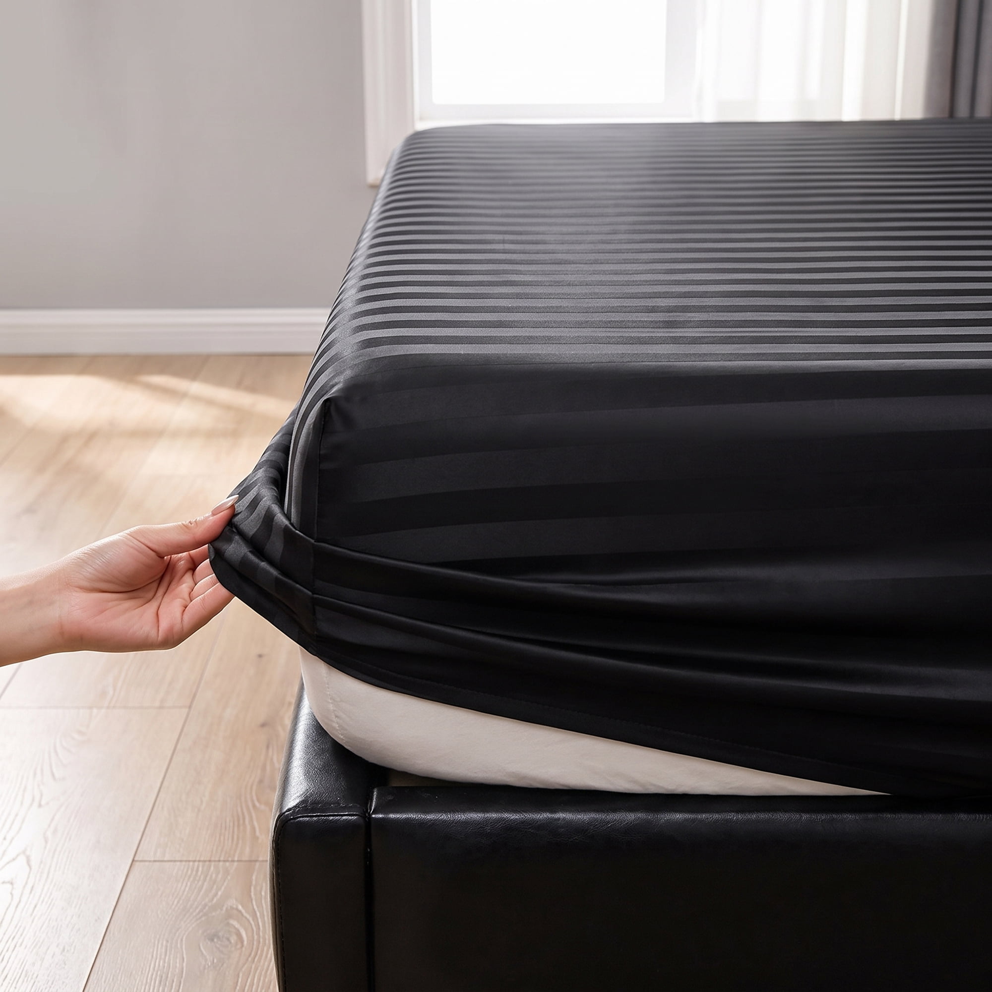 Unique Bargains Fitted Polyester Satin Strip Bed Sheets Wear Resistant 78.0"x79.9" Black