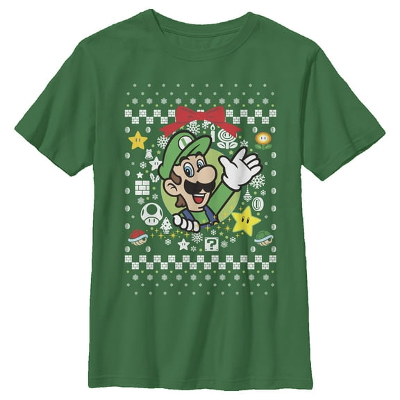 Boy's Nintendo Ugly Christmas Luigi Wreath Graphic Tee Kelly Green X Small