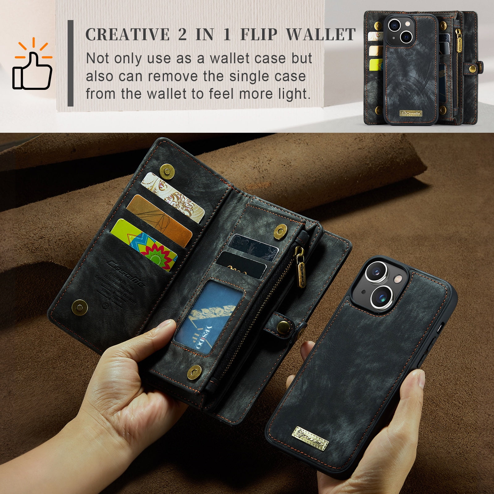 For Apple iPhone 15 Plus Wallet Case,Multi-Functional Retro Leather Purse Flip Cover Zipper Wallet Case with Removable Card Slots Pocket & Detachable Wrist Strap Magnetic Phone Case, Black