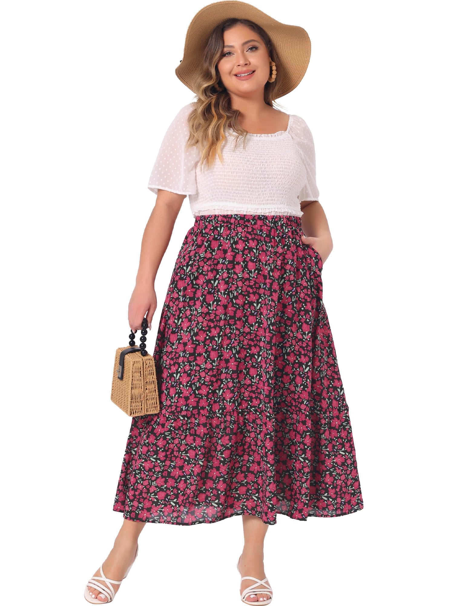 DARING DIVA Women's Plus Skirts Floral Stretchy Waist Layered Maxi Skirt 2XL Black