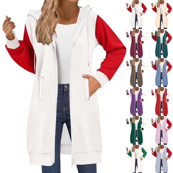 Jsaierl Women's Long Color Block Zip Up Hoodies Sweatshirts with Drawstring Pockets Casual Fall Travel Tops S-2XL