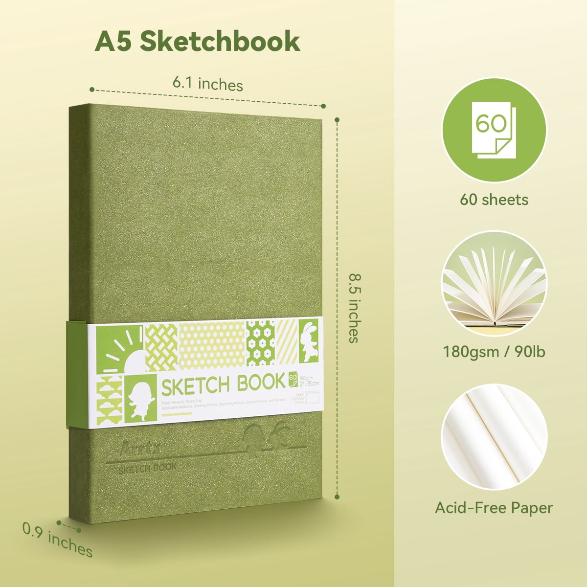 Arrtx Sketchbook, 8.3'' x 5.8'' 60 Sheets x 2, 90lb/180GSM, 100% Wood Pulp Drawing Paper Pad Art Paper for Artist, Students, Teens