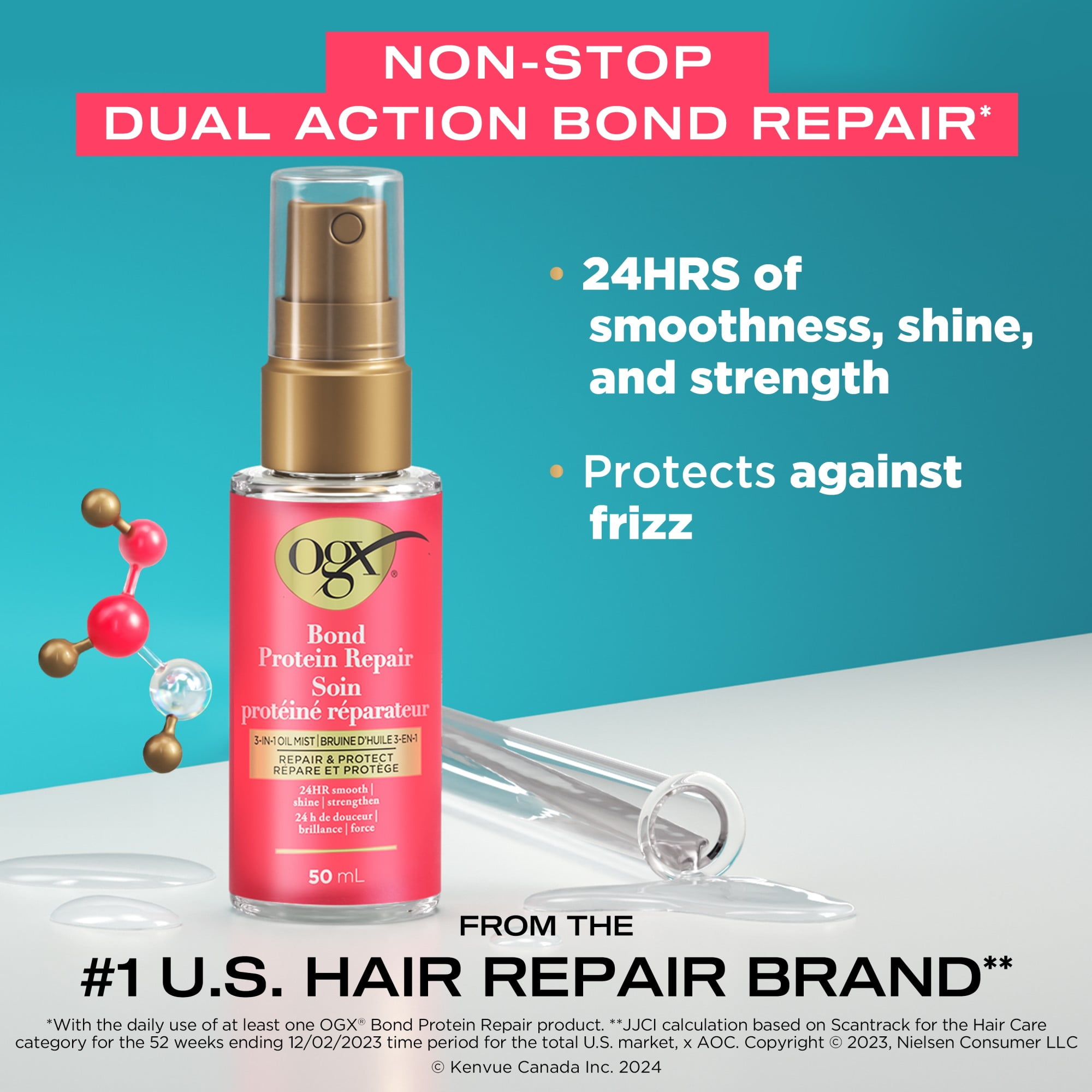 OGX® Repair & Protect Bond Protein Repair 3-in-1 Oil Mist, Multi-Benefit Hair Oil Protects Dry, Damaged Hair Against Frizz, Strengthens, & maintains Shine