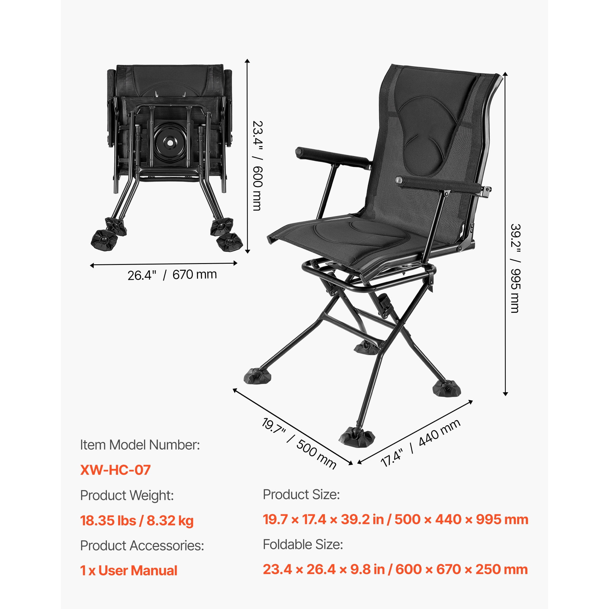 KFFKFF Hunting Chair with 360° Quiet Swivel, Foldable and Portable Blind Seat, Durable Steel Frame Ground Stool with Armrests, Adjustable Carry Strap, Anti-Sink Feet, 300 Lbs Weight Capacity