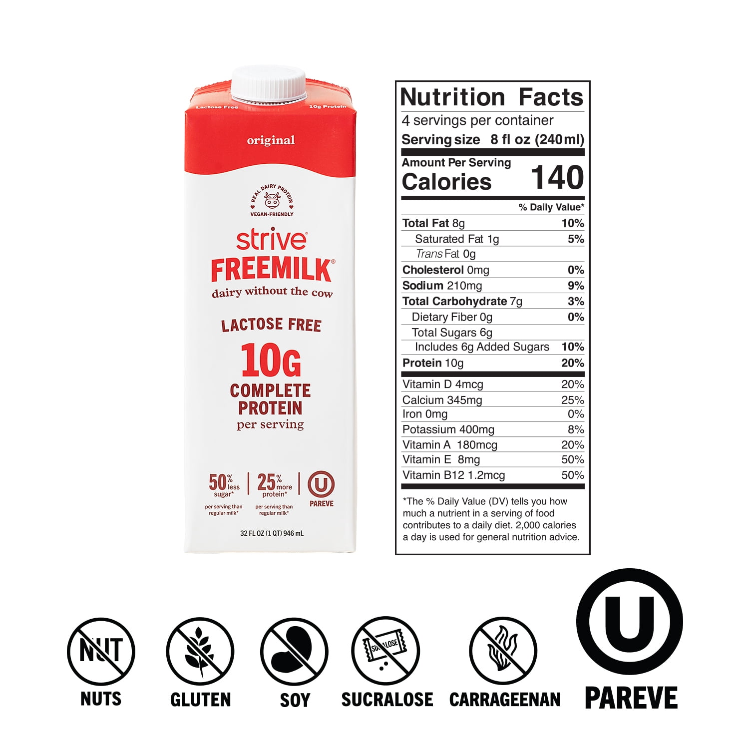 Strive Freemilk Original 32 fl oz, Lactose-Free, Shelf Stable, Vegan-Friendly, 10g Protein, Low Sugar, Kosher Pareve, Milk Alternative