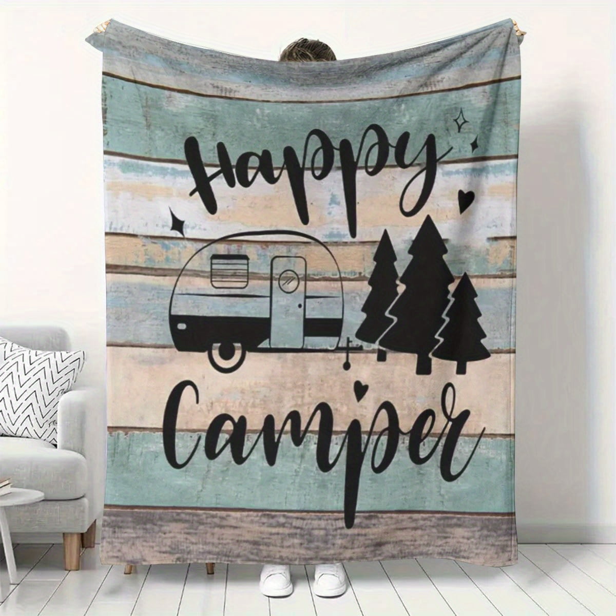 Cozy "Happy Camper" Flannel Throw Blanket Ideal for Sofa Office Bed Chair Travel Lightweight All Season Camping Decor with Vintage Van Pine Tree Design Perfect Gift for Men Women Camping