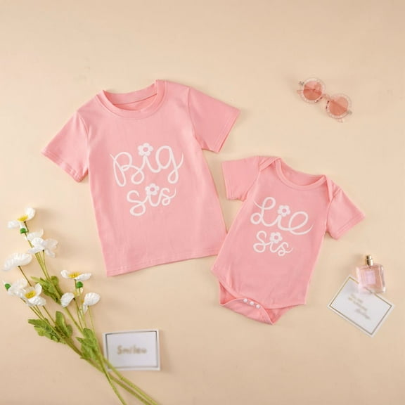 Uccdo Big Sister Little Sister Matching Outfits Toddler Girls Cotton T-shirt Tops Newborn Baby Romper 1Pcs