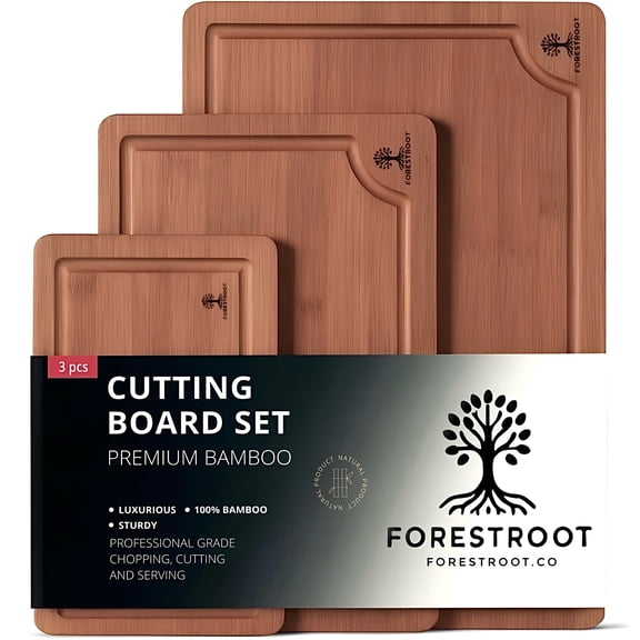 Forestroot Bamboo Cutting Board Set – 3-Piece Wooden Kitchen Boards for Meal Prep & Serving – Durable Bamboo with Deep Juice Groove & Side Handles – Great for Meat, Vegetables & Charcuterie(Brown)