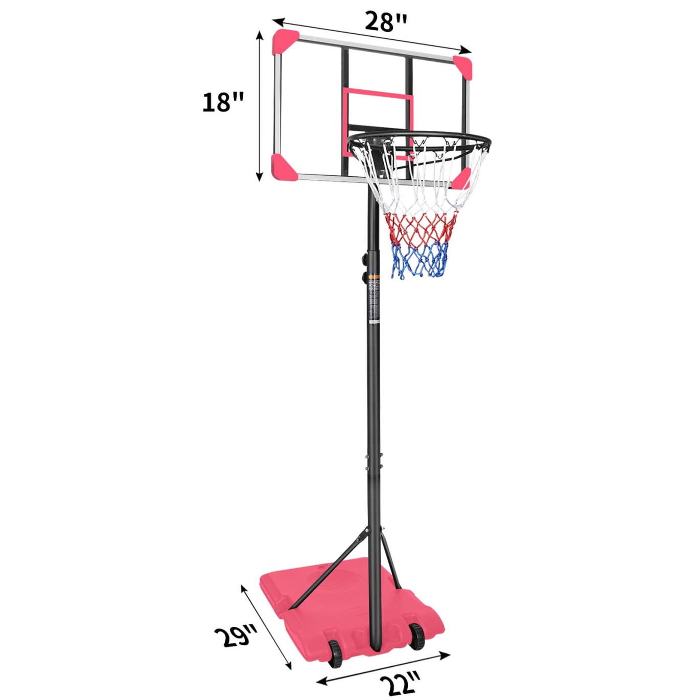 Portable Basketball Hoop with Heavy-Duty Steel Base & Wheels, Adjustable 5.6-7Ft Rim, 28" Shatterproof Backboard for Teens & Adults - Indoor/Outdoor Use, Pink