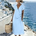 thumbnail image 5 of Women's Solid Color Wrap V Neck Midi Dress Short Sleeve Tie Waist Casual Vacation Dress with Pockets Blue XL(XL), 5 of 7