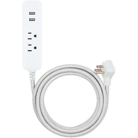 Cordinate Designer Extension Cord, 10ft. 2-Outlet 2-USB Port Power Strip, Gray/White - 41691