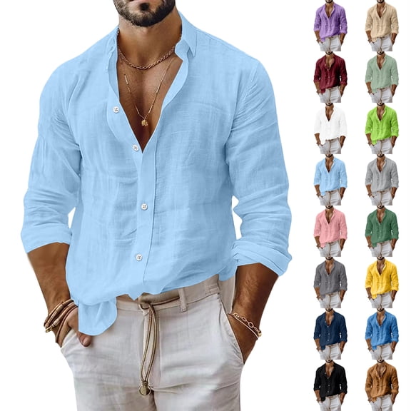 Mfakffe Men Linen Shirt Button Down Long Sleeve Beach Band Collar Casual Summer Shirts