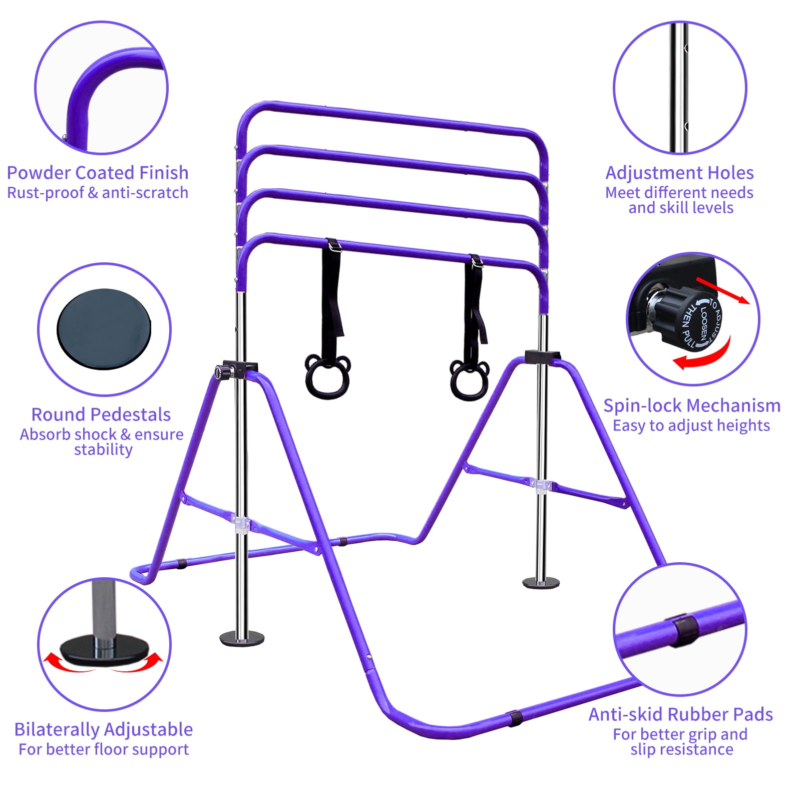 Aukfa Expandable Gymnastic Bars,Adjustable Height Gymnastic Horizontal Bars for Kids, Folding Training Bars,Purple