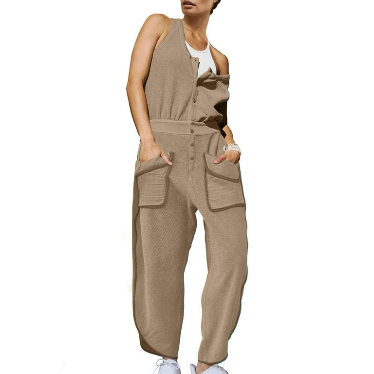 UAMVSH Women One Piece Jumpsuit Button Wide Strap Sleeveless