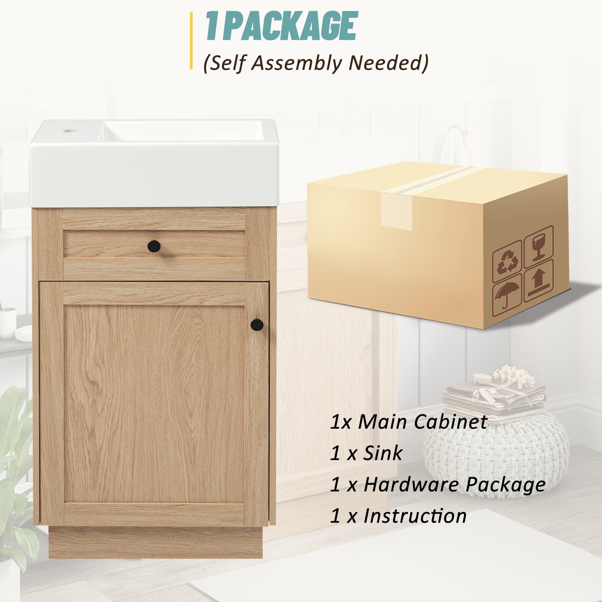 Rustic Bathroom Vanity with Reversible Resin Sink, Adjustable Shelf and Zinc Handles, 18.5" Wood Grain Melamine