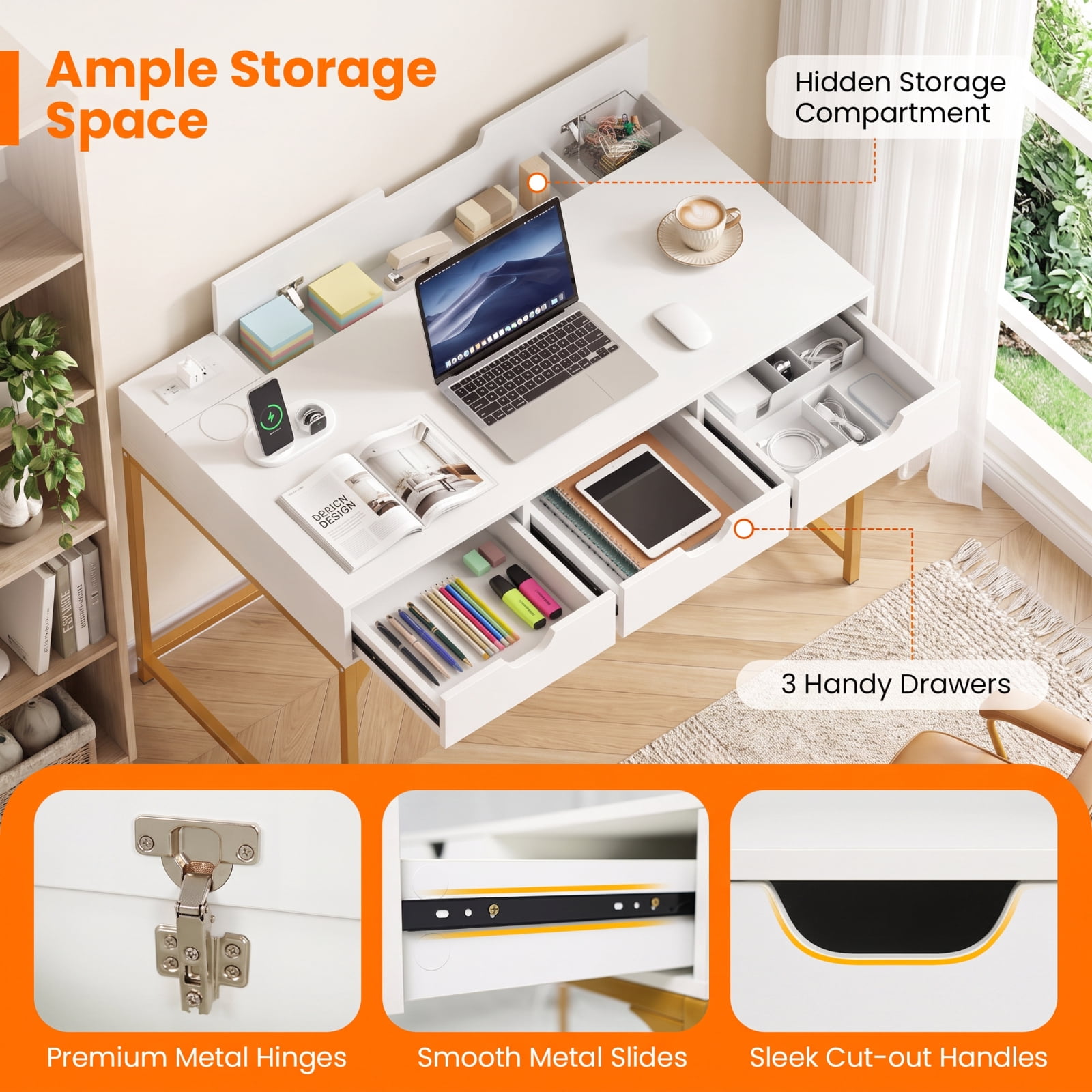 Furnibear Office Desk with Power Outlet and Drawers, Writing Desk with Hidden Storage Compartment and Charging Station for Study, White and Gold