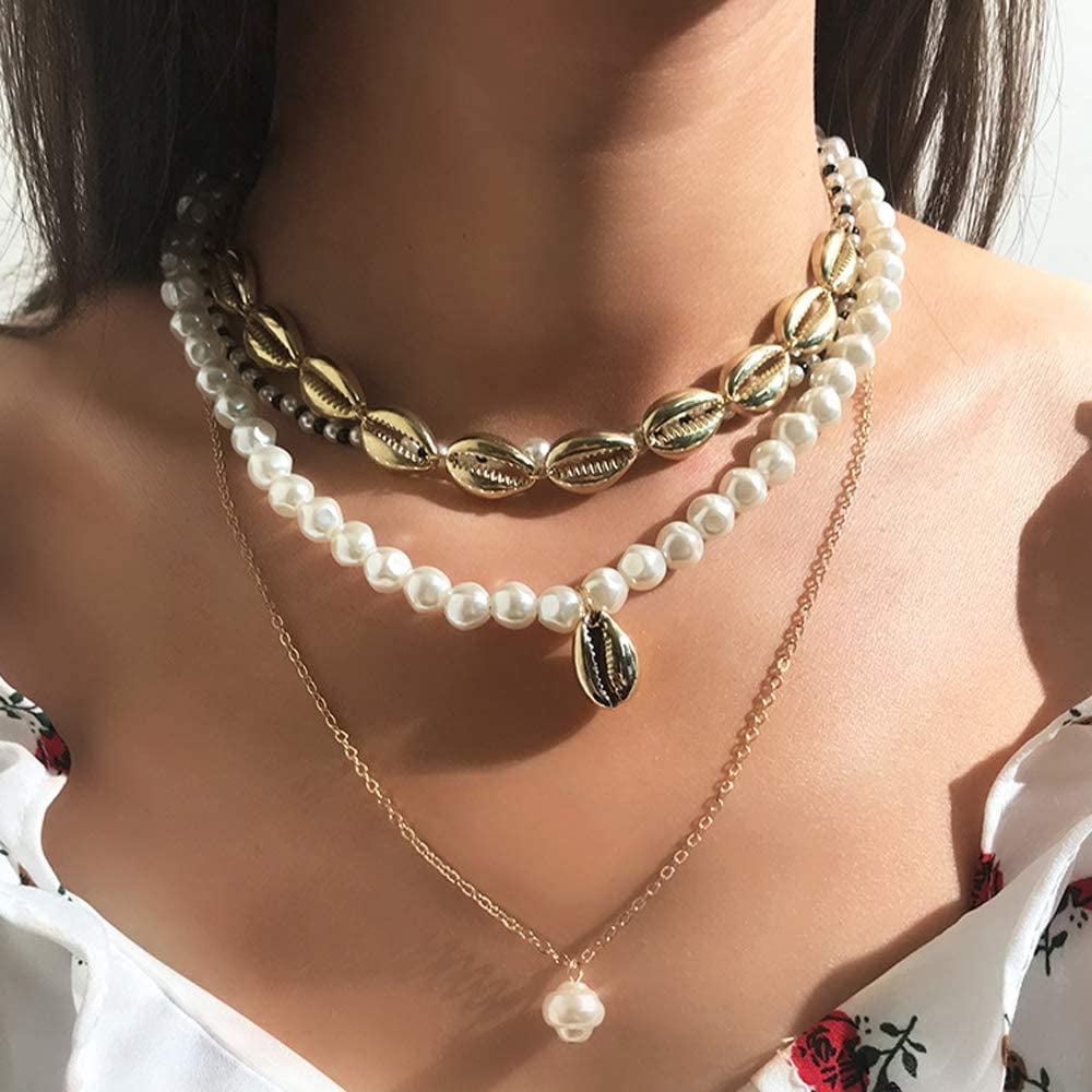 Dainty Shell Pearls Pendant Y Layered 