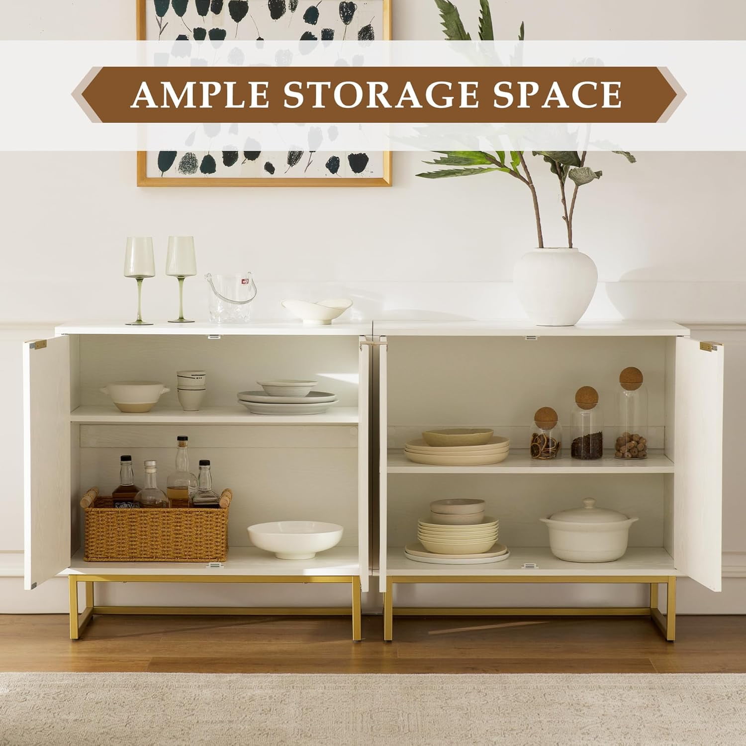 Joyyskill Fluted Storage Cabinet, Sideboard Buffet Cabinet with Adjustable Shelves, Storage Credenza Accent Cabinets, White