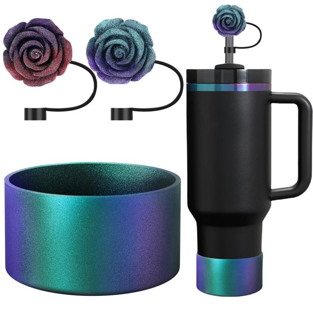 Funda de silicona y 2 fundas con pajita con purpurina de 10 mm para botella de agua