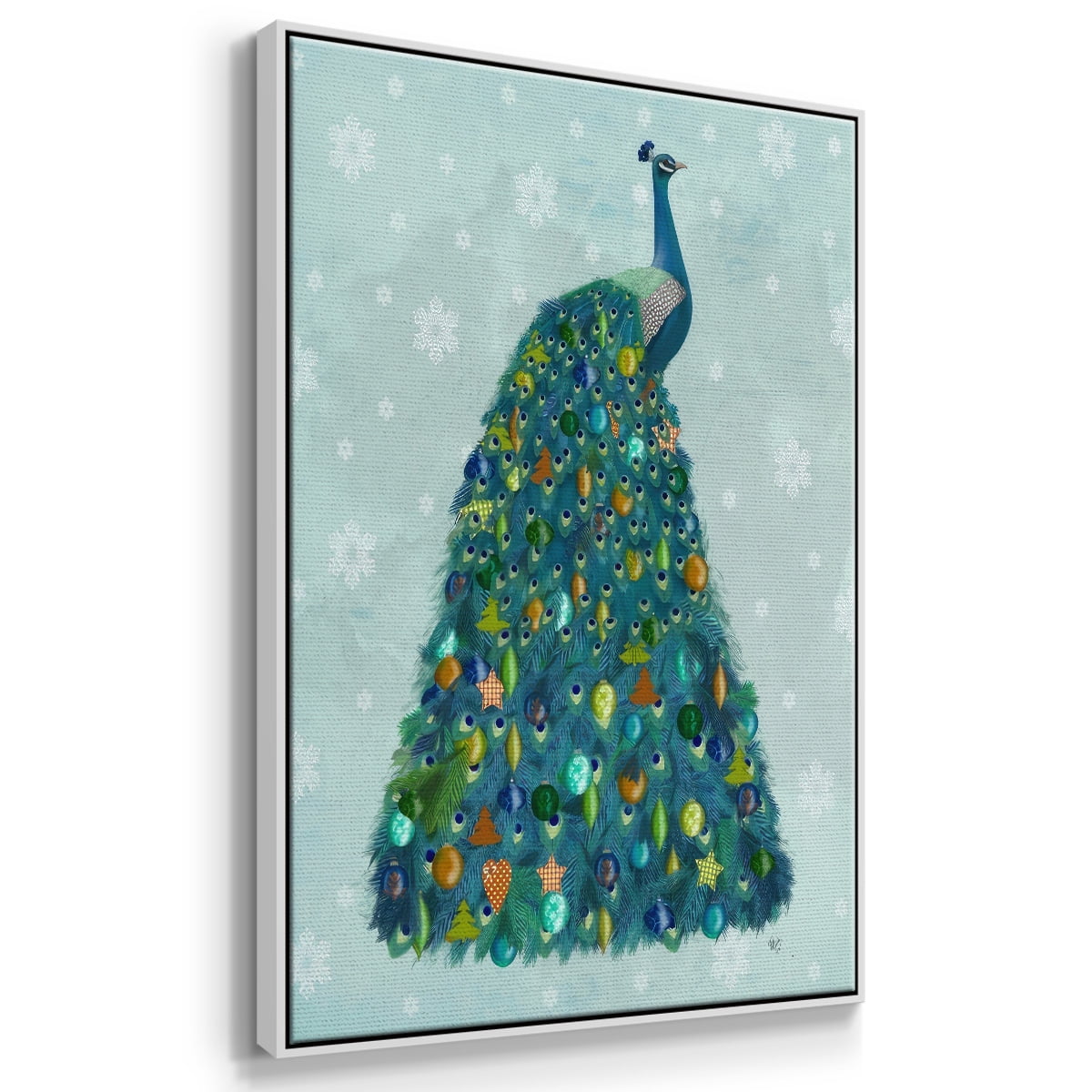 Christmas Peacock Christmas Tree - Framed Gallery Wrapped Holiday Canvas - 17 x 25 - White Frame
