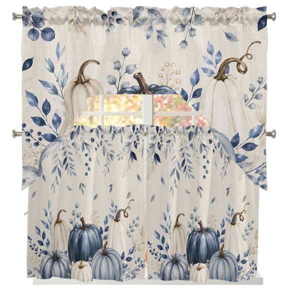 Navy Blue Pumpkins Fall Swag Kitchen Curtains Sets for Windows 24 Inch Length, Thanksgiving Weeping Botanical Rustic Short Window Curtain Panels Swags Valances and Tiers 3 Piece Set for Cafe