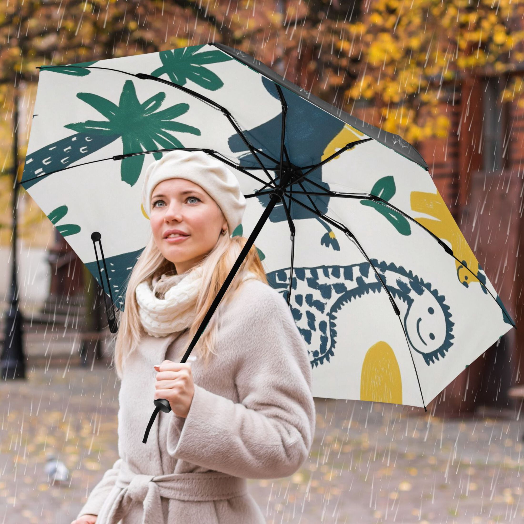 Cute Dinosaur Illustration Extra Large Automatic Umbrella, UV Protection, Waterproof, Auto Open and Close