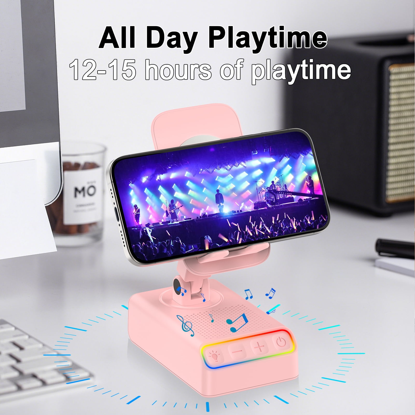 Adjustable Cell Phone Stand with Wireless Induction Bluetooth Speaker, HD Surround Sound, Color-Changing LED Light, and Non-Slip Phone Holder – Perfect for Yoga and Kitchen, a Great Gift for Everyone