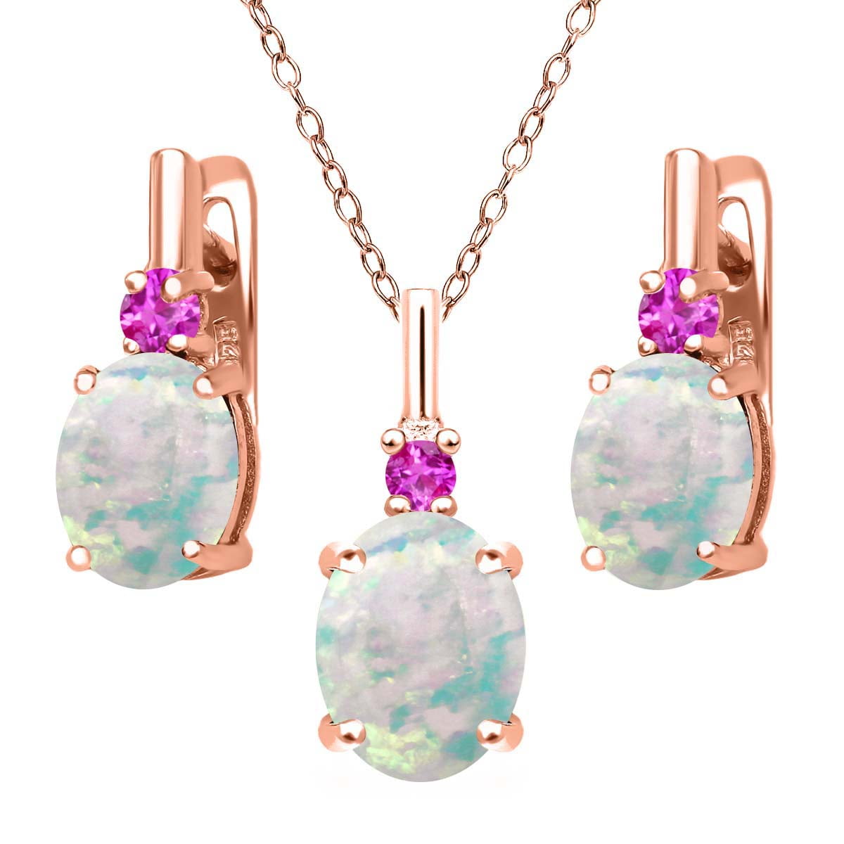 4.88 Ct Simulated Opal and Pink Sapphire 18K Rose Gold Plated Silver Jewelry Set by
