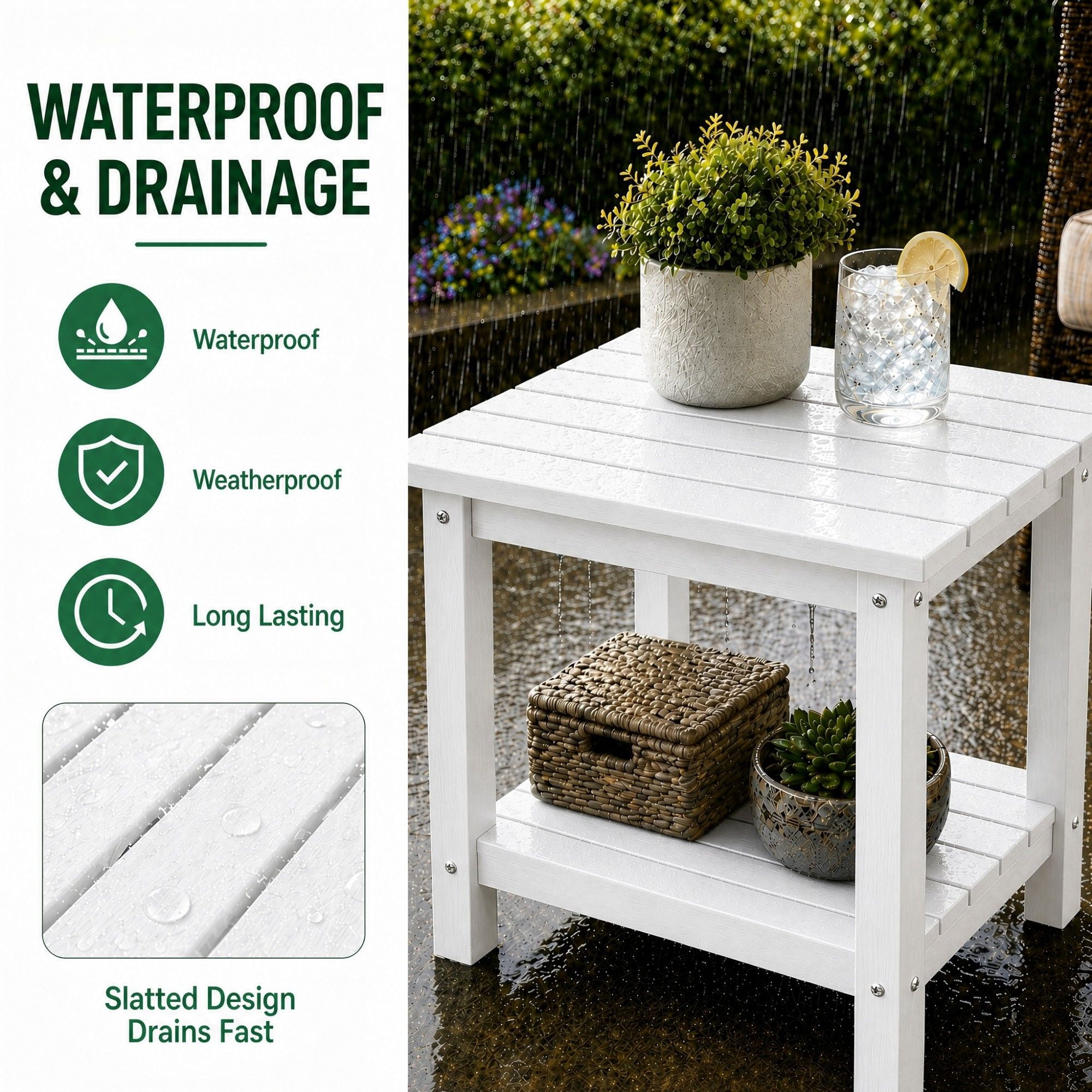 Y&M Outdoor Side Table, HDPE Patio End Table for Adirondack Chair, Weather Resistant Small Accent Table, White, Double Layer