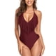 thumbnail image 1 of Traje de baño de una pieza con cintura expuesta, traje de baño con borlas y cuello halter en rojo vino vibrante para mujer L, 1 of 6