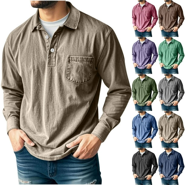 RKSTN Long Sleeve Shirts for Men Oversized Button Down Collar Classic Golf Shirt Mens Solid Single Pocket Soft Versatile Casual Polos T Shirt Top for Everyday Outing Office Looks Weekend Activities