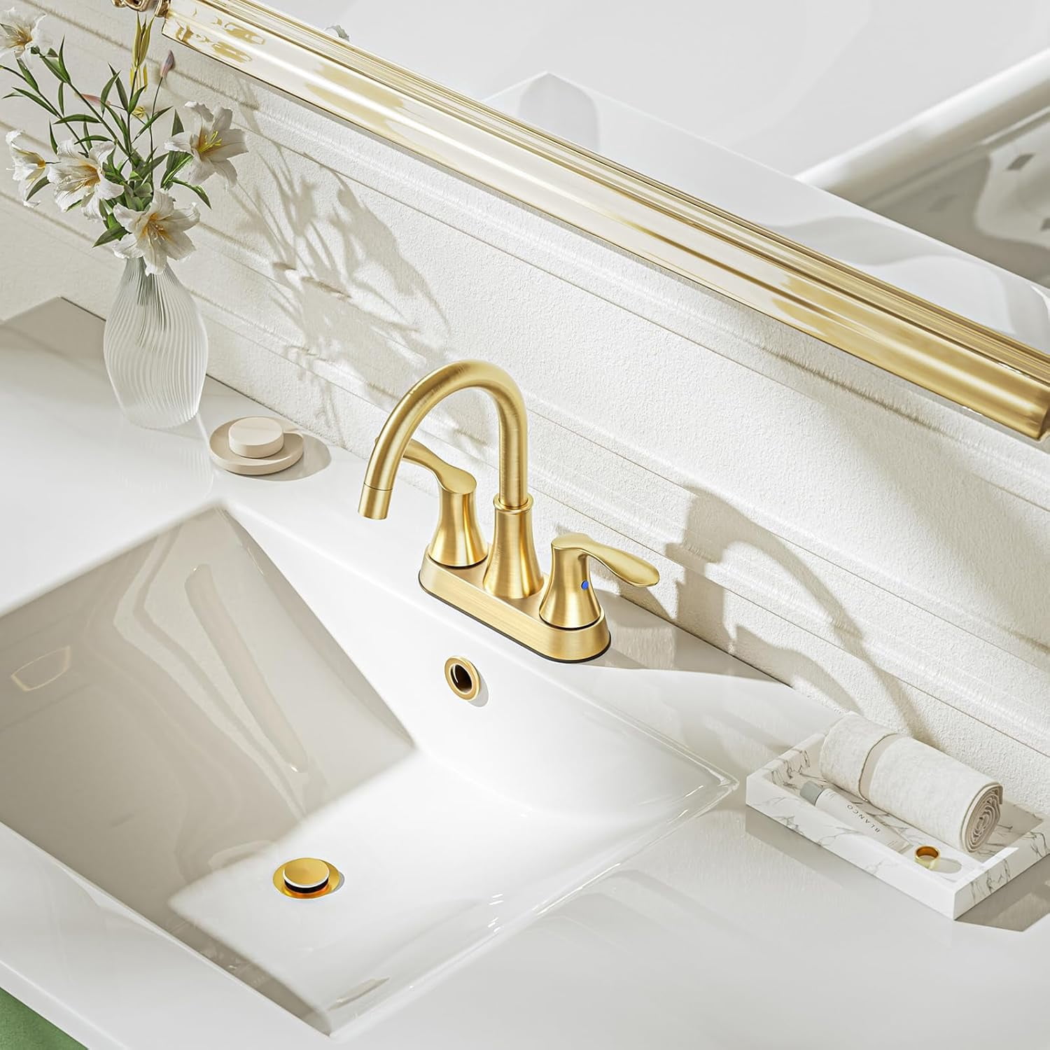 Brushed Gold Bathroom Faucet - 4 inch 3 Hole 2-Handle Centerset Vanity Mixer Taps With Drain, 360°Swivel,High Arc Design
