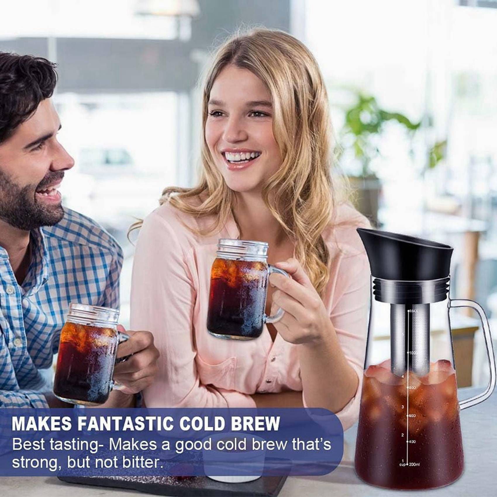 2X Cold Brew Coffee Maker, Iced Coffee Maker Machine, Cold Brew Tea Pitcher Glass and Airtight Lid Coffee Pot 1.2L